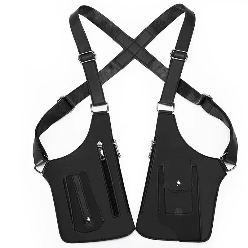 Men's Waterproof PU Leather Crossbody Tactical Vest Bag with Double Shoulder Straps - Perfect for Outdoor Adventures!