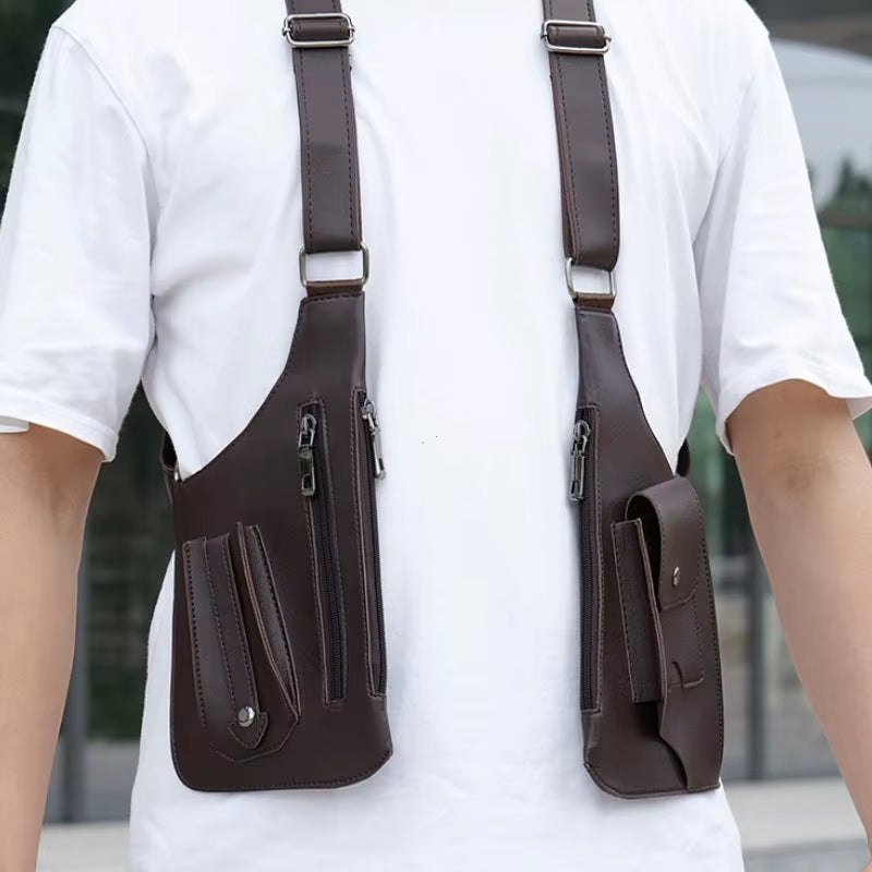 Men's Waterproof PU Leather Crossbody Tactical Vest Bag with Double Shoulder Straps - Perfect for Outdoor Adventures!